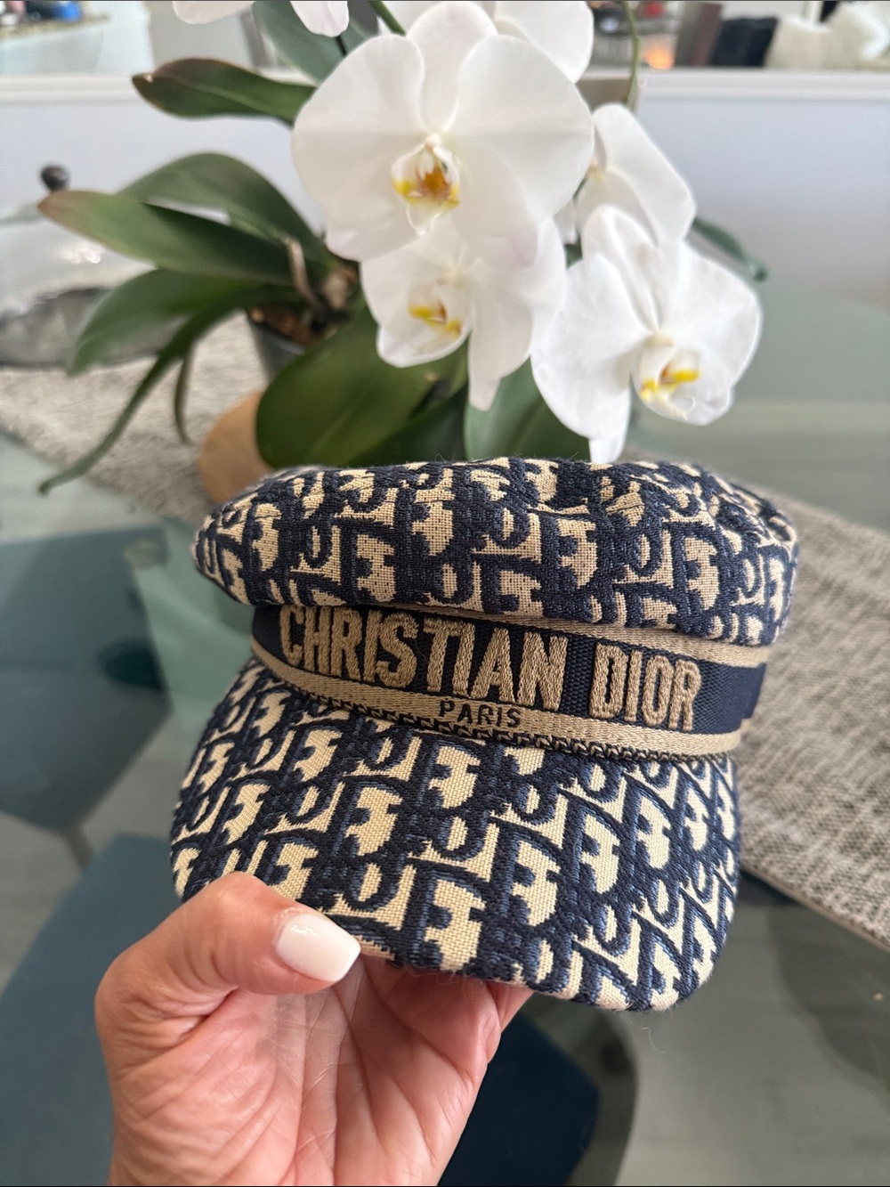 Dior Navy and Cream Jacquard Logo Baker Boy Hat - Christian Dior Paris